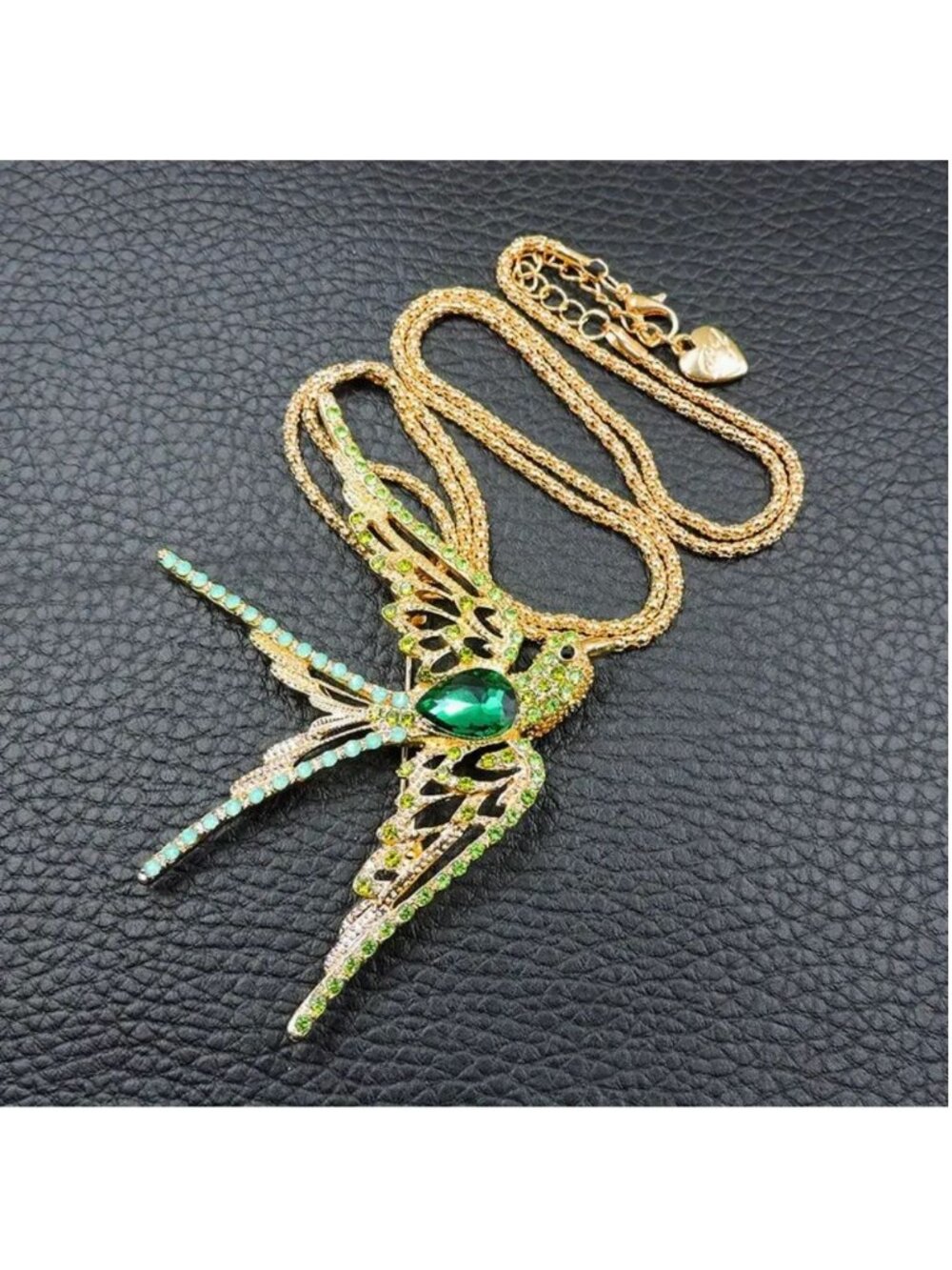 Necklace Green Rhinestone Bird Brooch Pendant Gold Tone